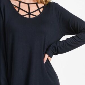 JODIFL Black Long Sleeve Top with Strappy Neckline